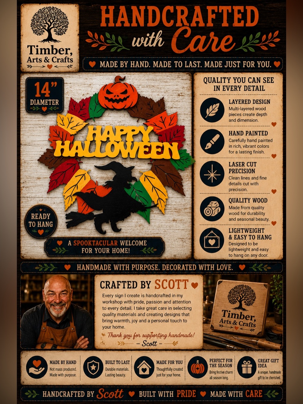 Hand Crafted Wooden "Happy Halloween" Door Hanger Laser Cut